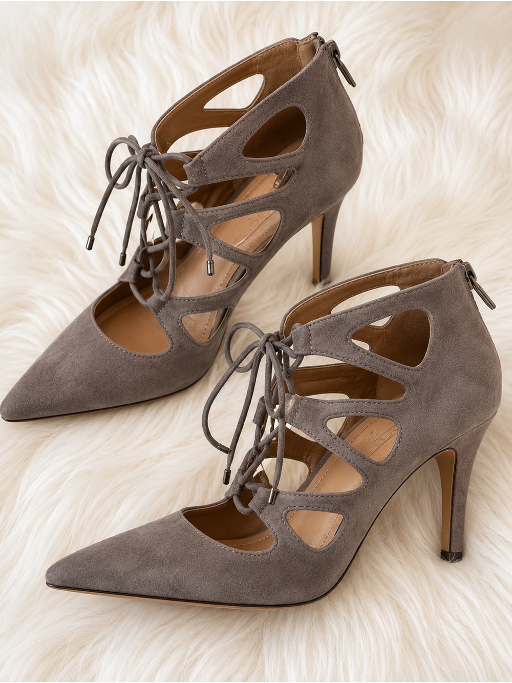 Vince Camuto Gray Taupe Suede Lace-Up Pointed-Toe Heels - 7.5
